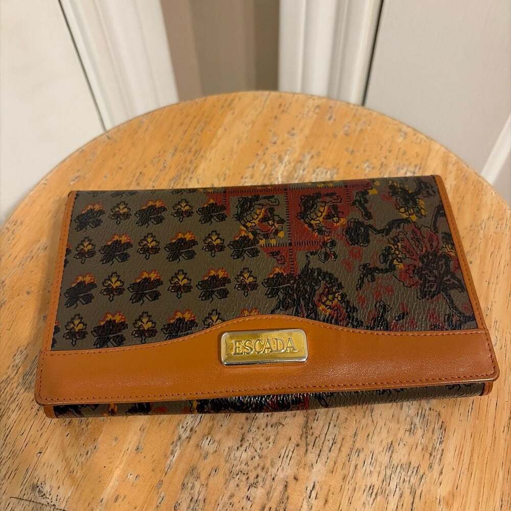 Escada Vintage Leather Printed Continental Wallet with Gold Plaque